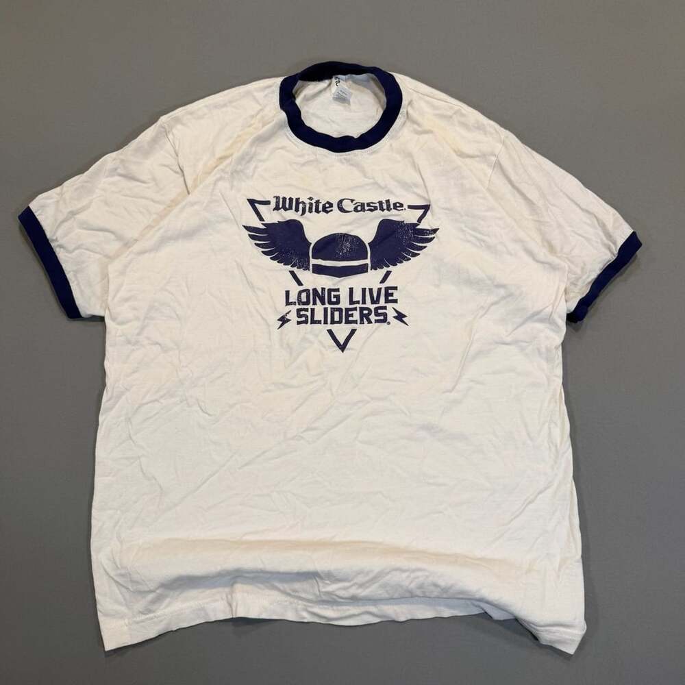 Tultex White Castle Long Live Sliders Size L Ringer T-Shirt White Blue
